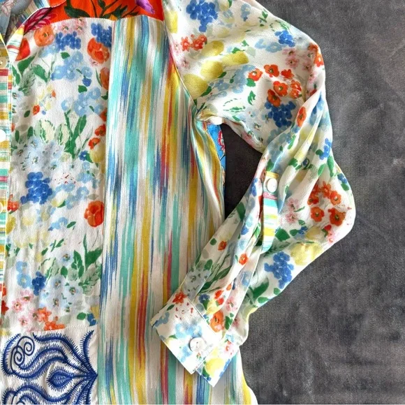 JOHN MARK Patchwork Floral Print Roll Tab Sleeves Tunic Shirt Size M Boho RARE - Picture 8 of 16